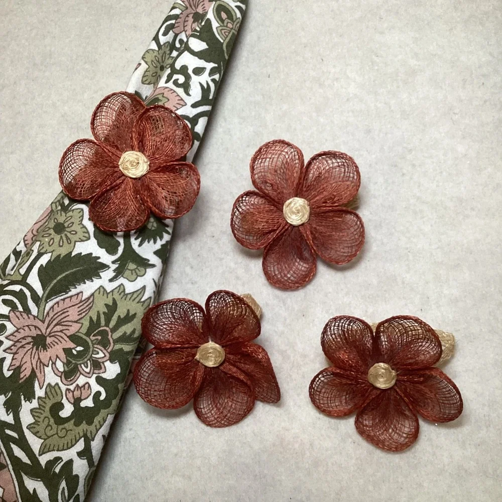 Set of 4 Terracotta Woven Sinamay Flower Napkin Rings Rustic Boho Table Decor